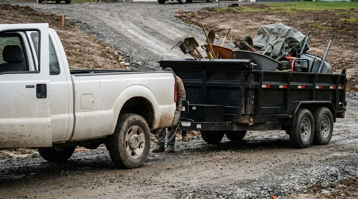 Pickup truck hitched to a loaded dump trailer on a jobsite